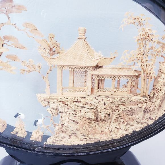 Vintage Chinese Diorama Cork Art Carving Glass Case~Pagoda/Trees/Cranes - Picture 6 of 10